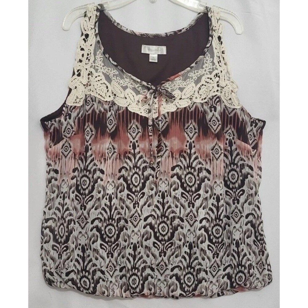 Dressbarn Womens XL Boho Sleeveless Blouse Crochet Lace Lined Abstract Print